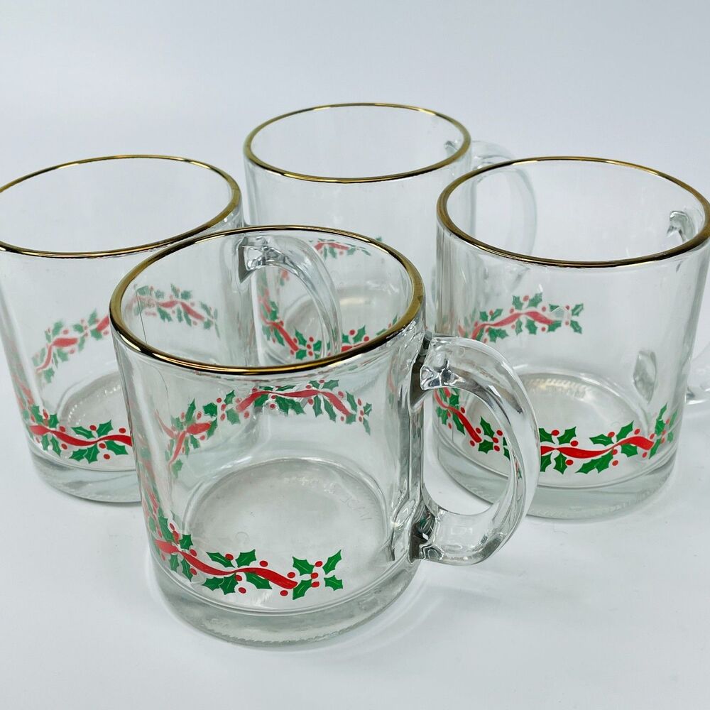 Lot of 4 Vtg Libbey Christmas Glass Mugs Holly Berry Ribbon Gold Rim Made in USA